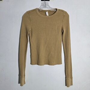 Daily Practice Waffle‎ Knit Long Sleeve Top Tan XXS Casual Crew Neck